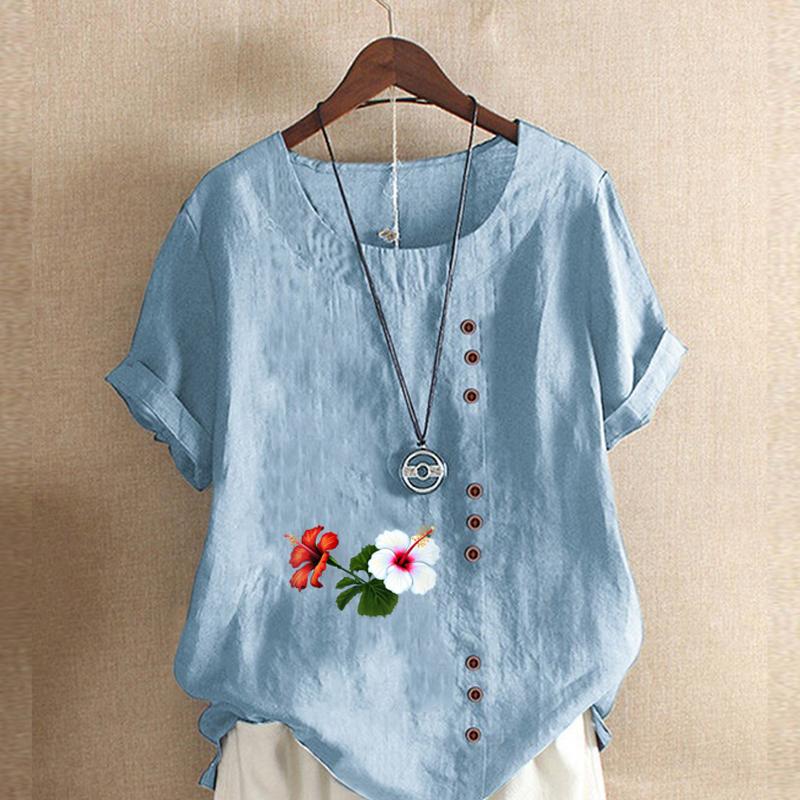 Women's Fashion Round Neck Short Sleeve T-shirt Casual Cotton Linen Graphic Shirt Leisure Loose Flowers Prined Summer Blouse Tops