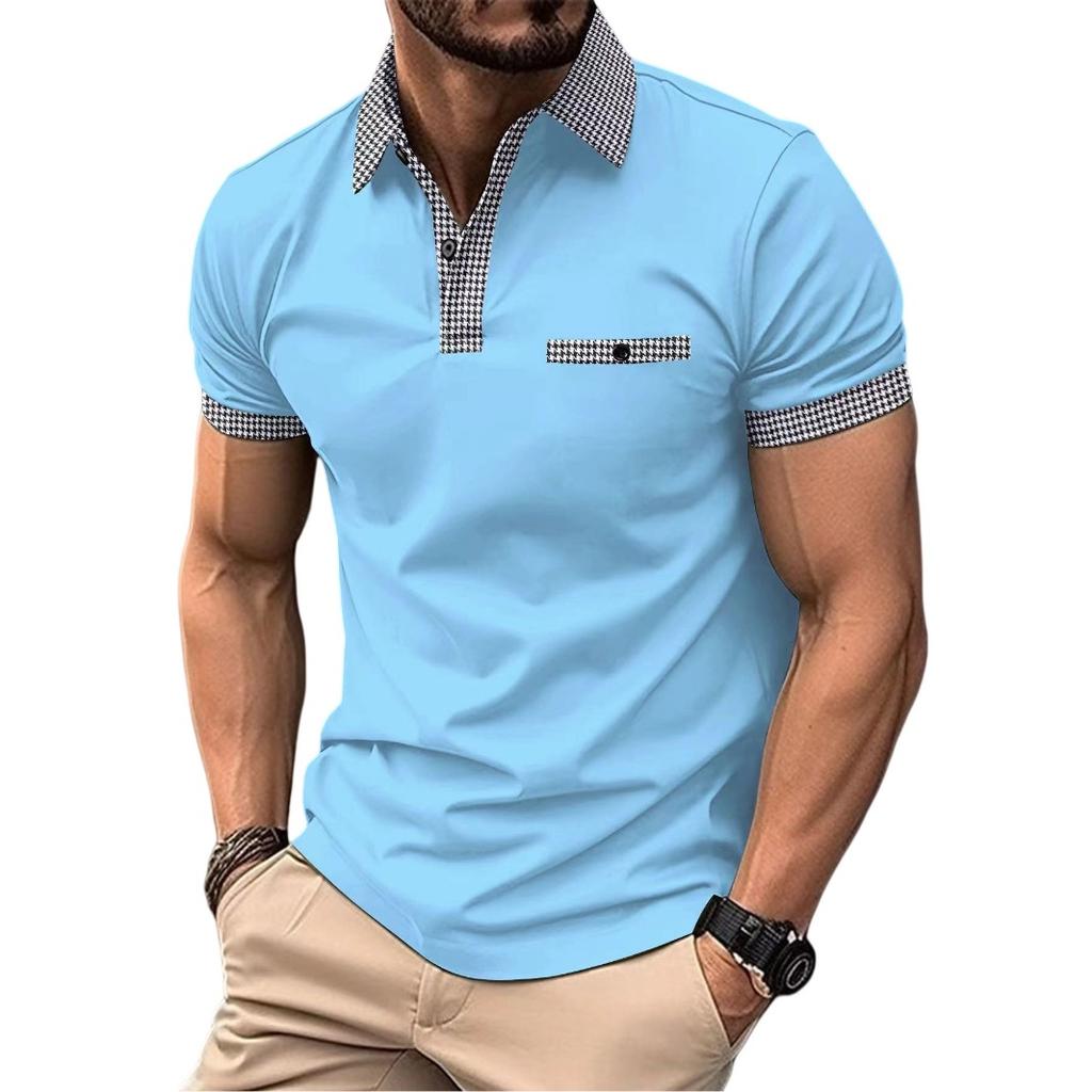 Men's Summer Fashion Loose Polo Shirts Short Sleeve Plaid Turn-down Collar T-shirt Top