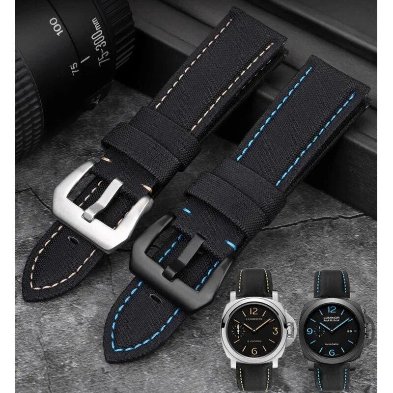 22mm 24mm 26mm Nylon Texture Leather Watchband for Panerai PAM01661 441 Marina Watch Strap Black Blue Line Watch Accessories