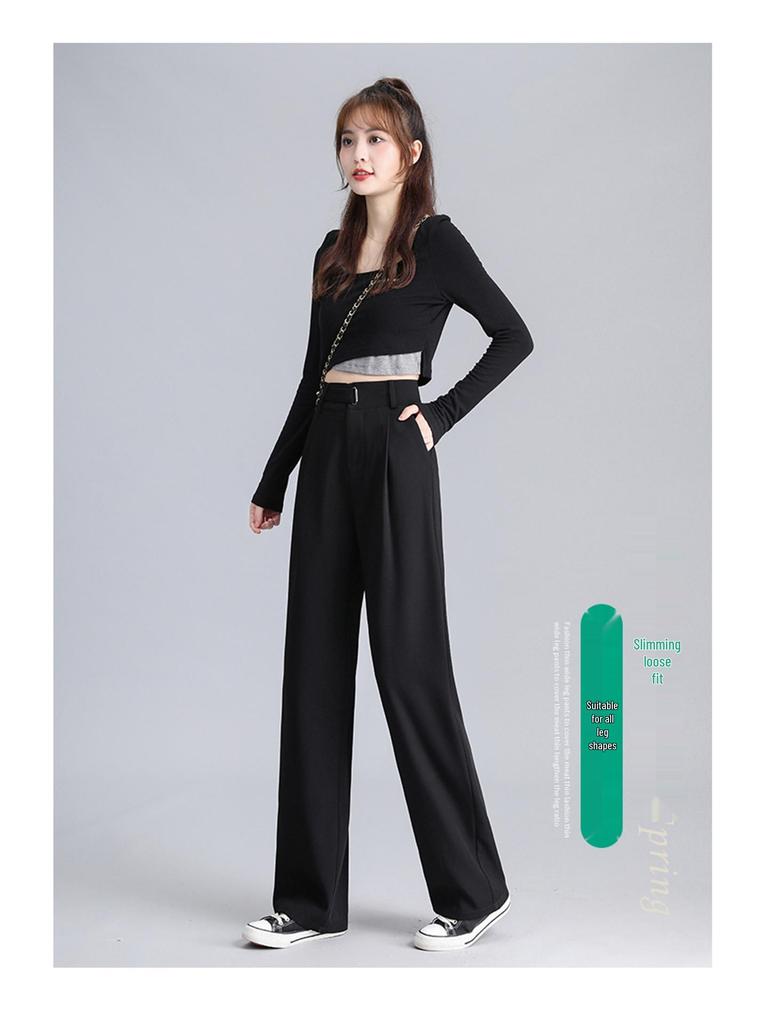 Pear-Shaped Slimming High-Waist Petite Black Straight-Leg Casual Pants for Women