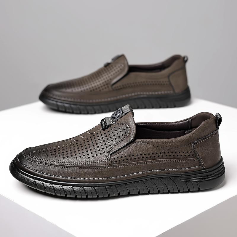 Fashion Summer New White Perforated Breathable Leather Shoes Mens Slip on Shoes Genuine Leather Male Casual Shoes Male Soft Sole Loafers