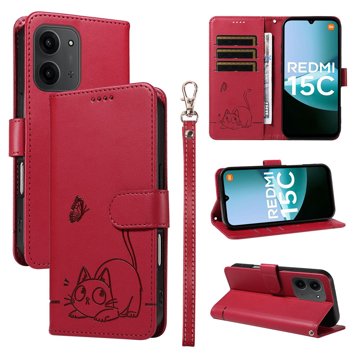 

Для Xiaomi Redmi 15C 4G (173мм) Чехол Кошачий узор Тиснение Кожаный Чехол для телефона с ремешком на запястье Red