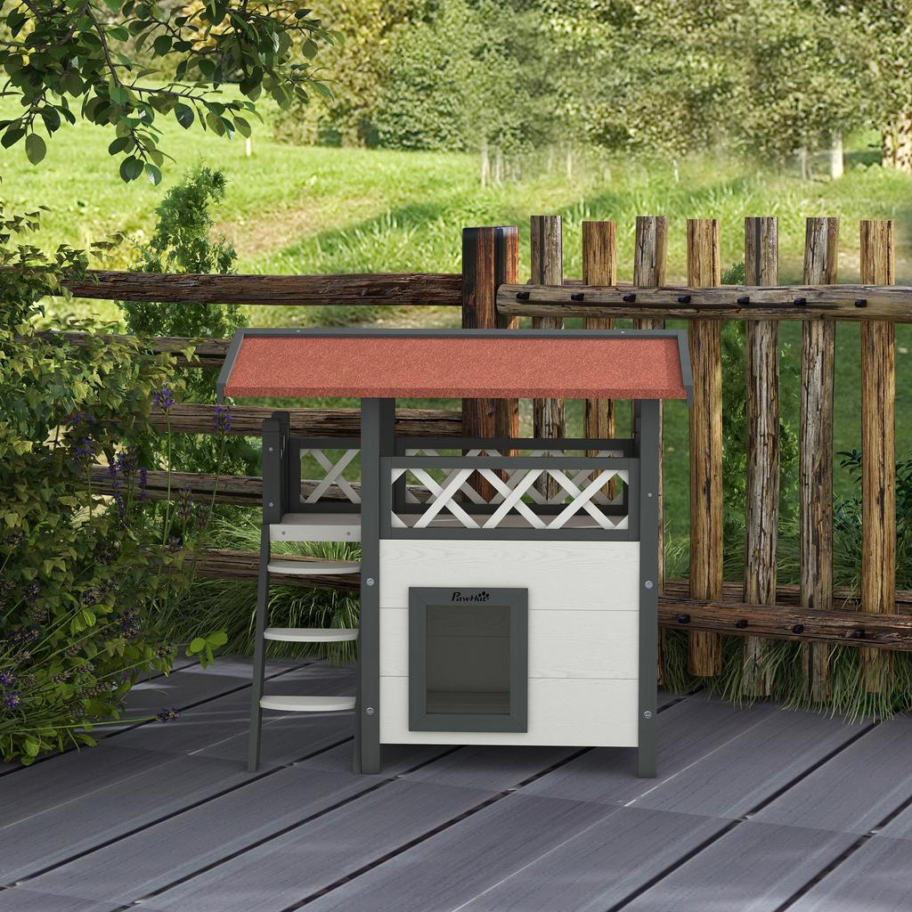 Outdoor Cat House with Terrace, Stairs, Roof, 77 x 50 x 73 cm, White and Red