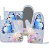 Oven Mitts Pot Holders Set Vintage Butterfly Moon Flower Silicone Kitchen Gloves Potholders Heat Resistant for Chef Baking Cooking Grilling BBQ 4