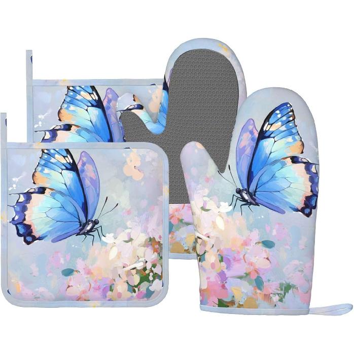 Oven Mitts Pot Holders Set Vintage Butterfly Moon Flower Silicone Kitchen Gloves Potholders Heat Resistant for Chef Baking Cooking Grilling BBQ 4
