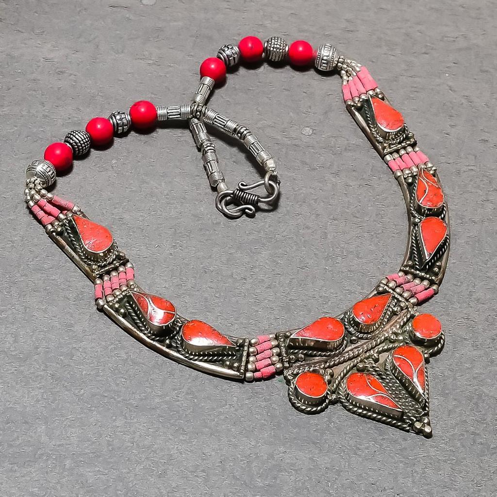 18" Tibetan Necklace Natural Coral Pendant Nepali Tribal Statement Gift NN 081
