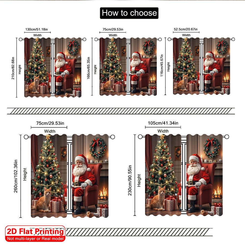2pcs 2D Flat Printing Christmas Party Curtain Christmas Santa Fireplace Cat 100% Polyester Without Electricity 0 for
