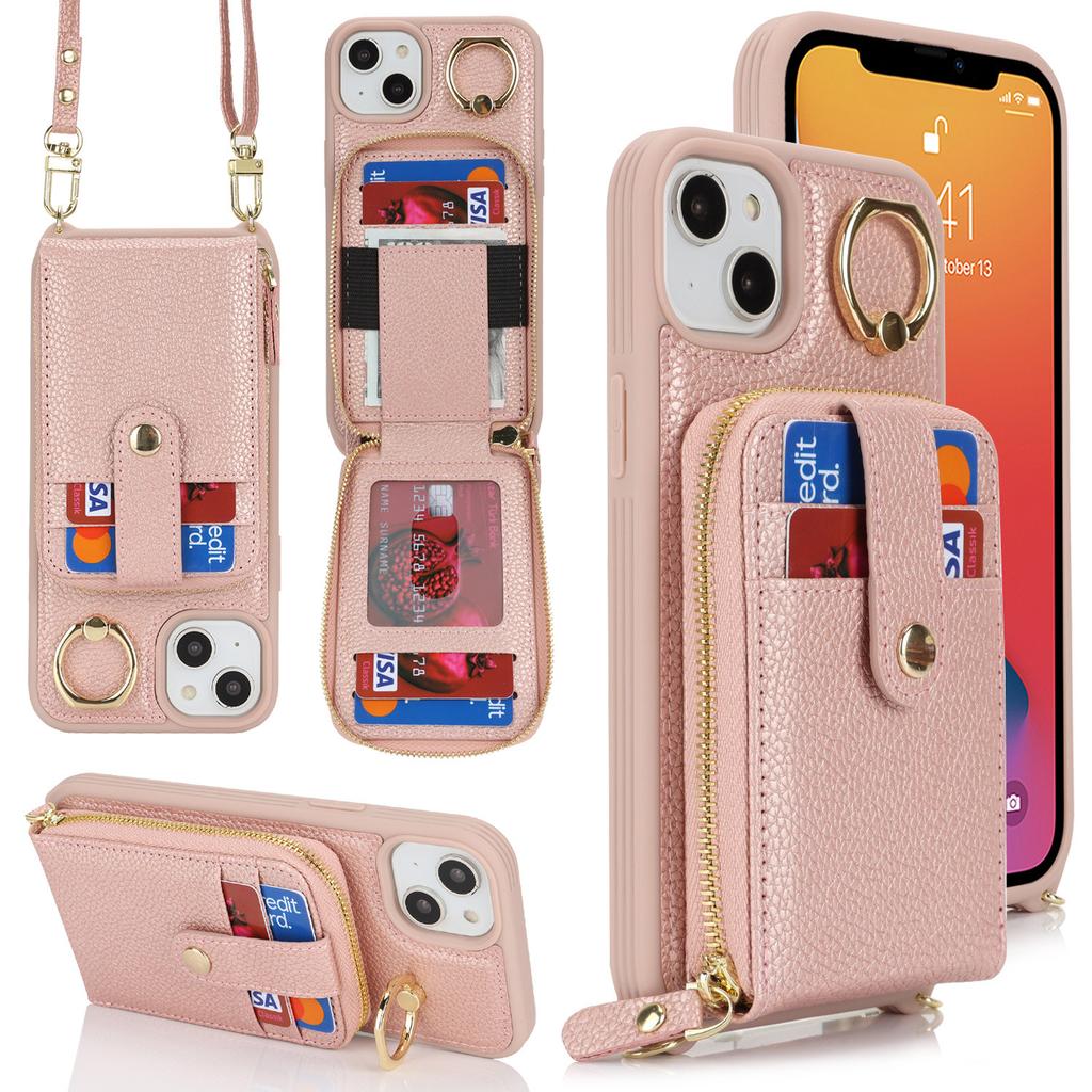 Applicable To iPhone17 Mobile Phone Case 16Pro Lychee Pattern Zipper Change Bag Insert Card Ring Buckle Diagonal Span Protective Case