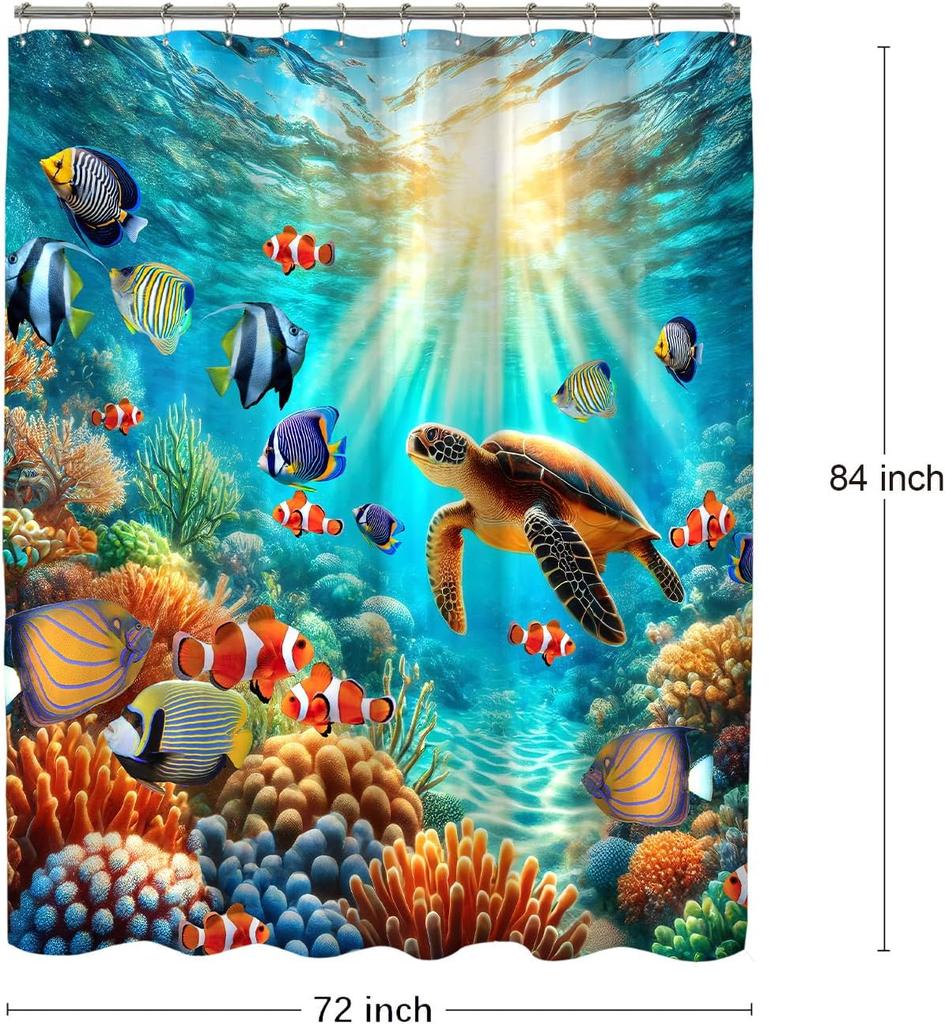 Sea Turtle Shower Curtain Ocean Beach Coastal Seaworld Marine Life Bathroom Curtain Set with Hooks Home Decoration