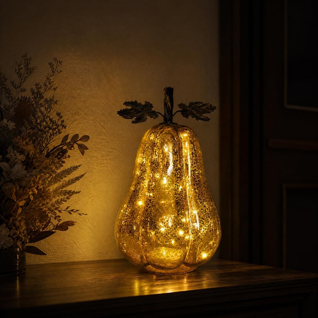 Glas Kürbis Licht Dekoration für Halloween Heim Atmosphäre Innen Tischdeko Akzent mit LED Lichtern und Metallblättern Design