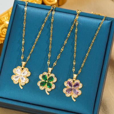 Four-leaf Flower Zircon Titanium Steel Necklace, Women's Fashion Versatile Collarbone Chain Accessories
