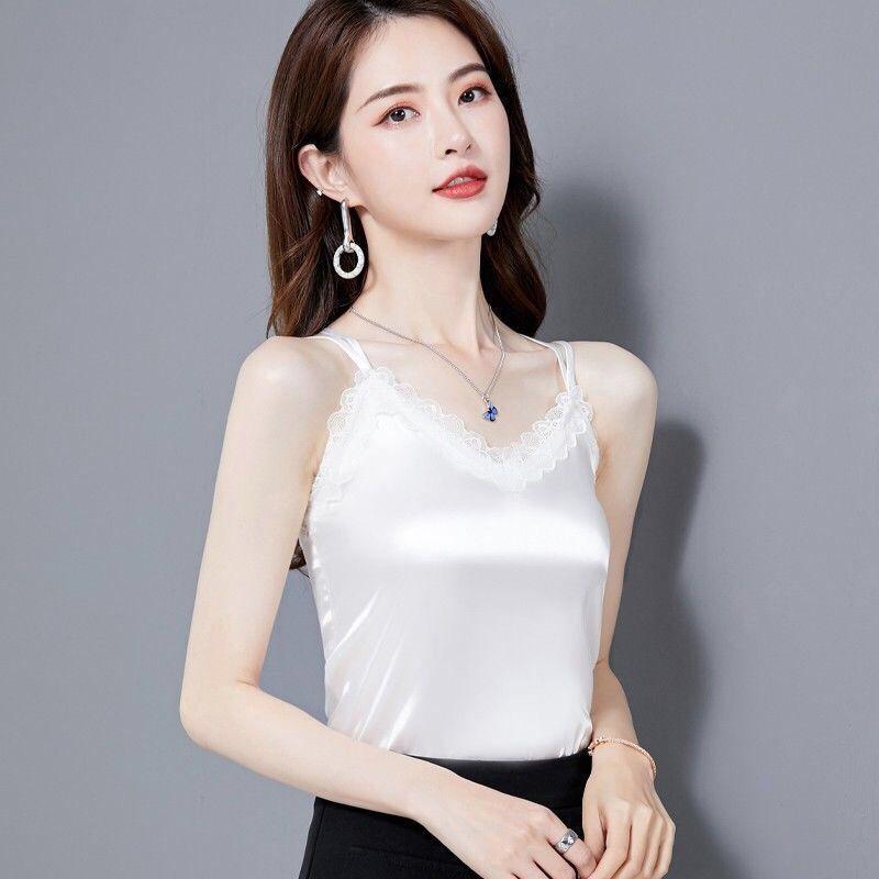 Spring and Summer Black Lace Imitation Silk Sling Women's Thin Suits Wear Outer Vests and Inner Vests Sleeveless Bottoming Shirt Top