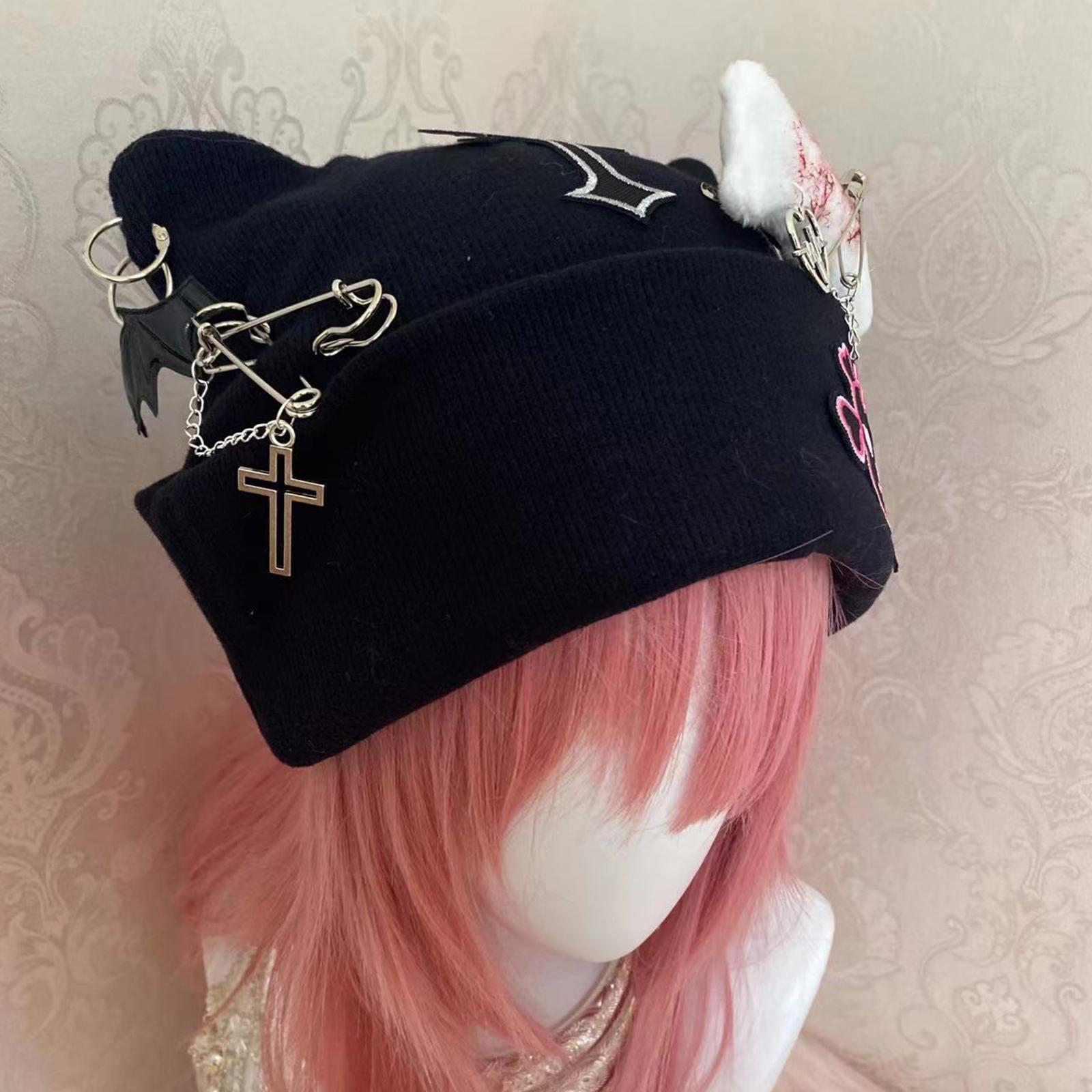 Vintage Beanies Y2K Gótico Punto Oreja De Gato Pequeño Diablo Sombrero