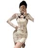 Modern Cheongsam Tie-Dye Pleated Dress with Frog Buttons and Long Sleeves - Women's Waist-Cinching Bodycon Skirt for Spring/Summer