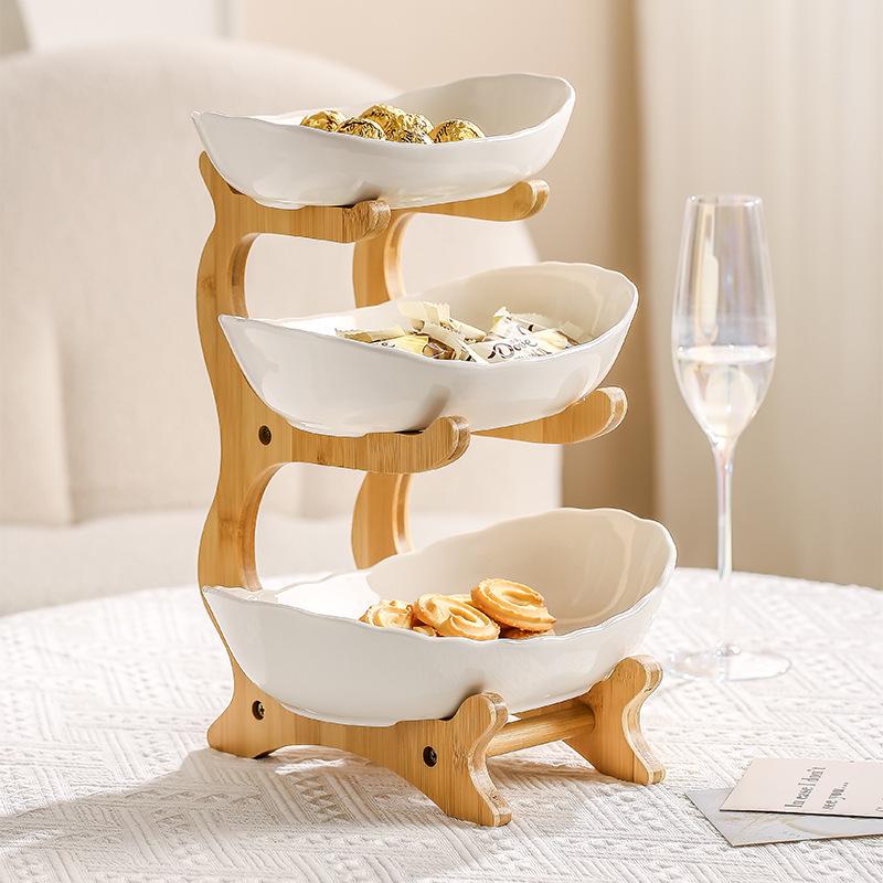 Bamboo & Wood Multi-layer Fruit Bowl and Pastry Plate - Creative Double-layer Ceramic Snack Holder for Home.