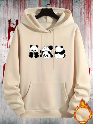 Men's Casual Panda Print Hoodie - Fall/Winter Season Knit Fabric Regular Fit Hooded Sweatshirt with Pocket and Slight Stretch