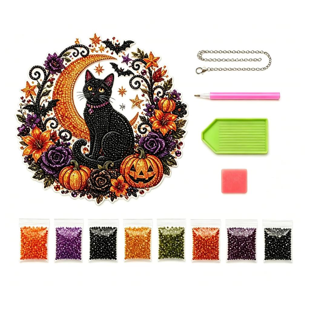 Halloween 2D Flat DIY PET Diamond Art Pendant with Chain Crystal Rhinestone Art Pendants for Adults Gift Home Wall Window Decor