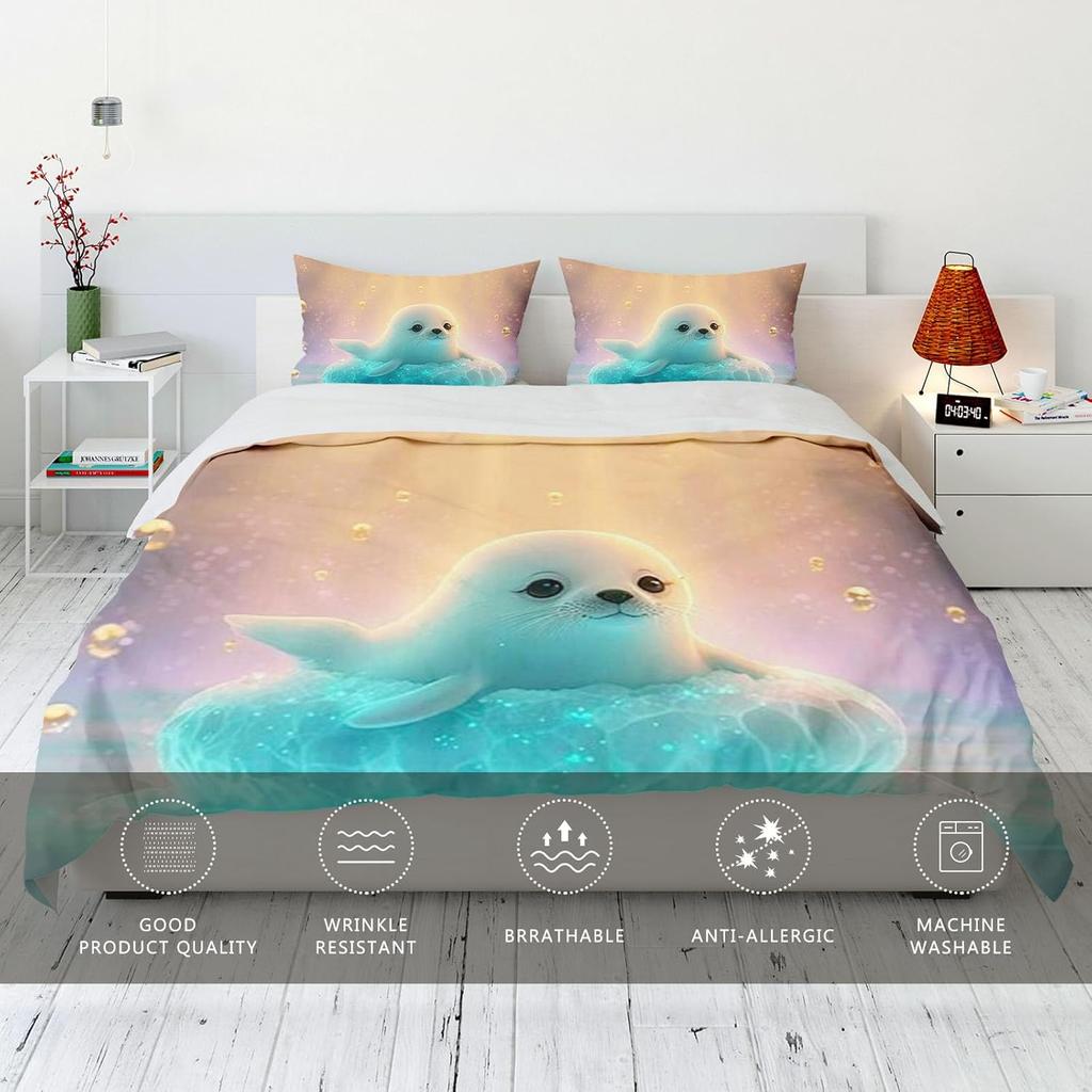 Set de lenjerie de pat cu animale focă pentru copii fete, Set husă de pilotă cu focă de desene animate, Husă de pilotă moale din microfibră cu fețe de pernă 75*50