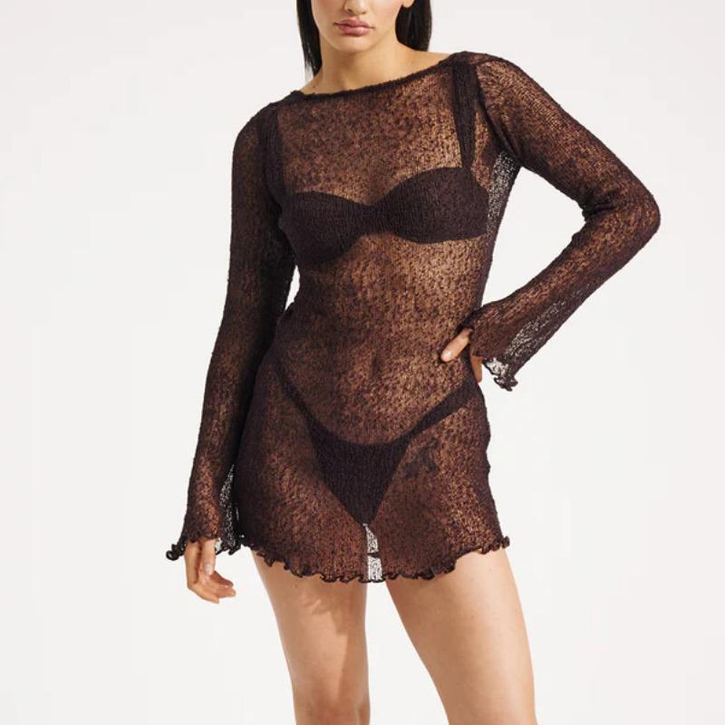 

IHUASU Сексуальные пляжные платья женские прозрачные платья с открытой спиной и бедрами короткие трикотажные платья L темно-коричневого