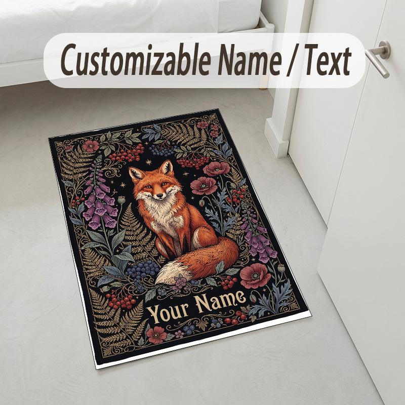 Fox Flowers Theme Soft Crystal Velvet Rug Custom Name & Text Print Non Slip Floor Rug for Bedroom Living Room