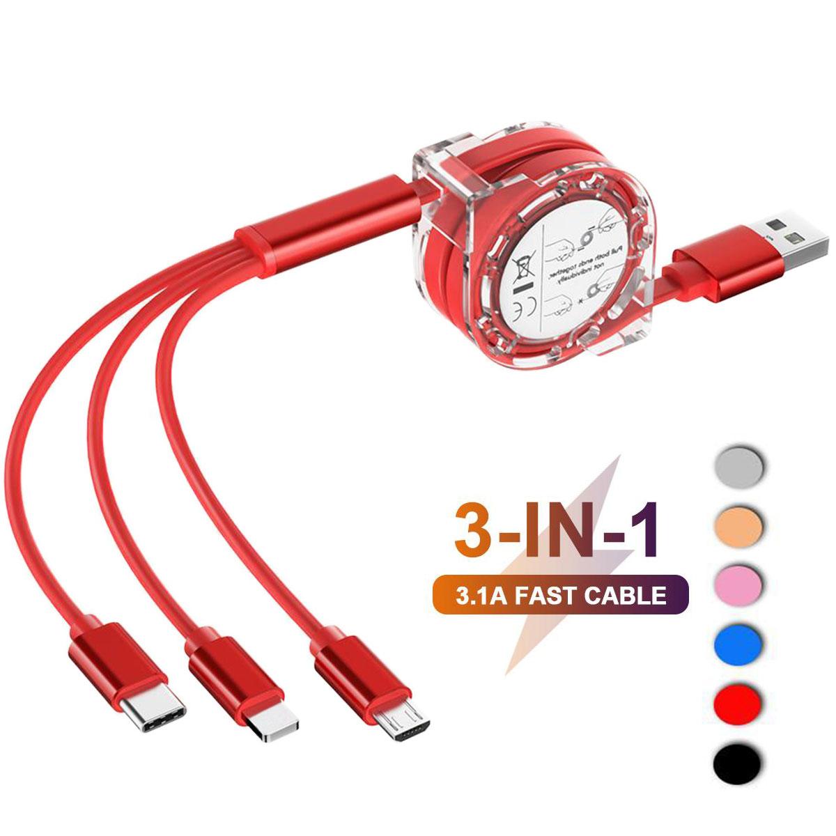 

120 см 3 в 1 USB-кабель для зарядки для iPhone, кабель Micro USB и USB C, выдвижной портативный зарядный кабель для Iphone X 8, Samsung S9