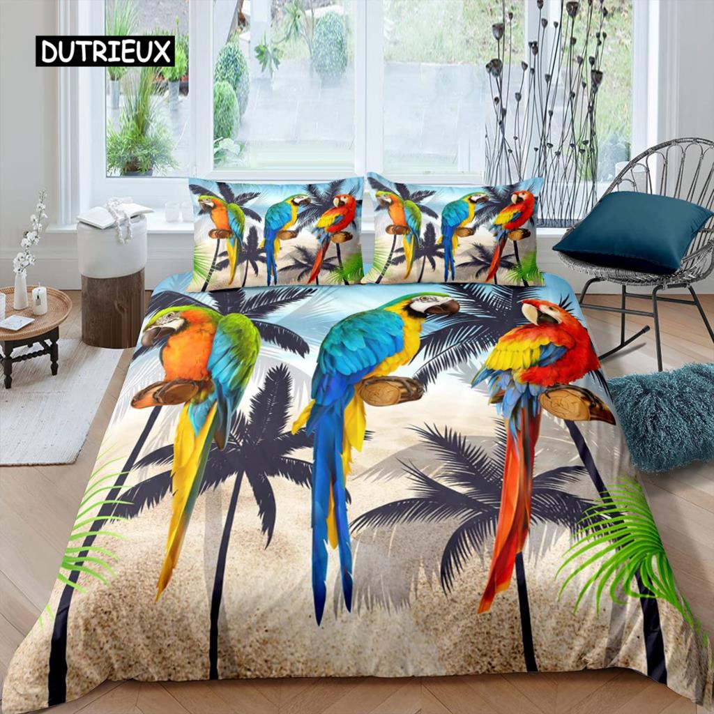 Parrot Duvet Cover Set Black White Stripe Bedding Set Green Plant Palm Leaves Quilt Cover Bird Animal Polyester Comforter Cover
