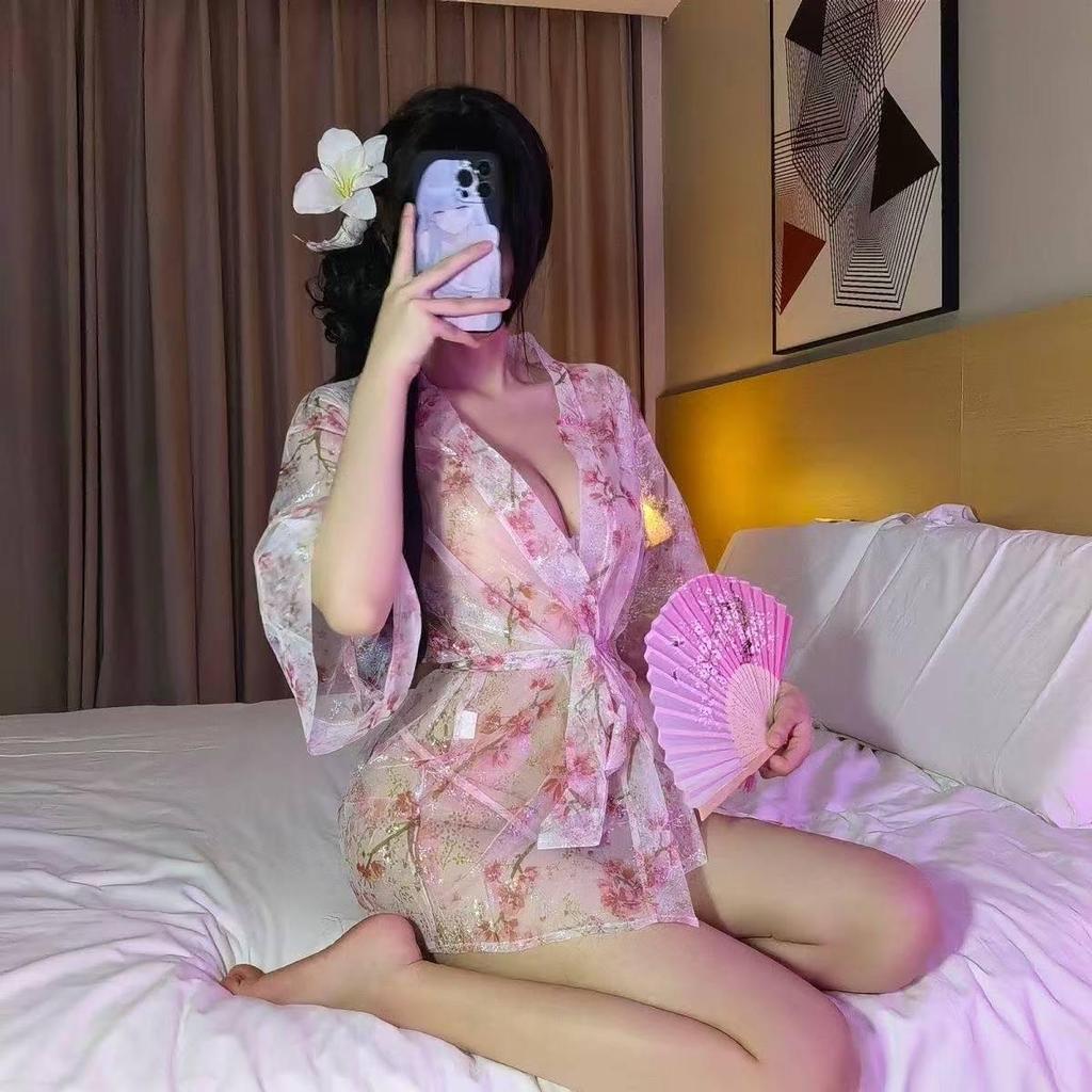 Alluring Deep V Japanese Kimono Pajamas Set with Sheer Outer Blouse and Bathrobe - Women's Sensual Lingerie