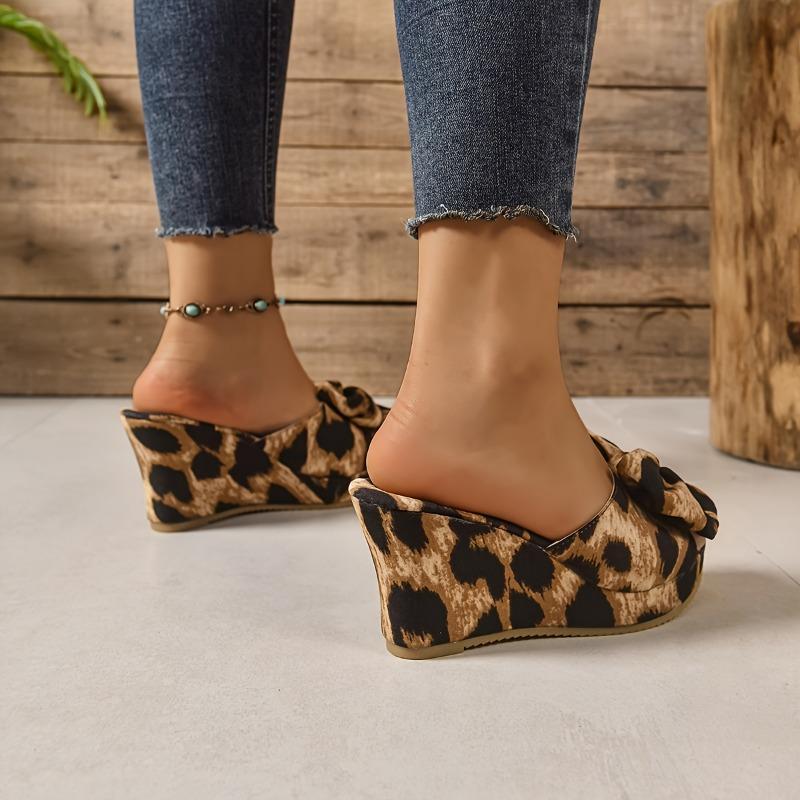 Vintage Style Leopard Print Platform Wedge Heels for Women Thick Sole Open Toe Sandals with Bow Detail, Black  Yellow Design, Comfortable Fabric Upper