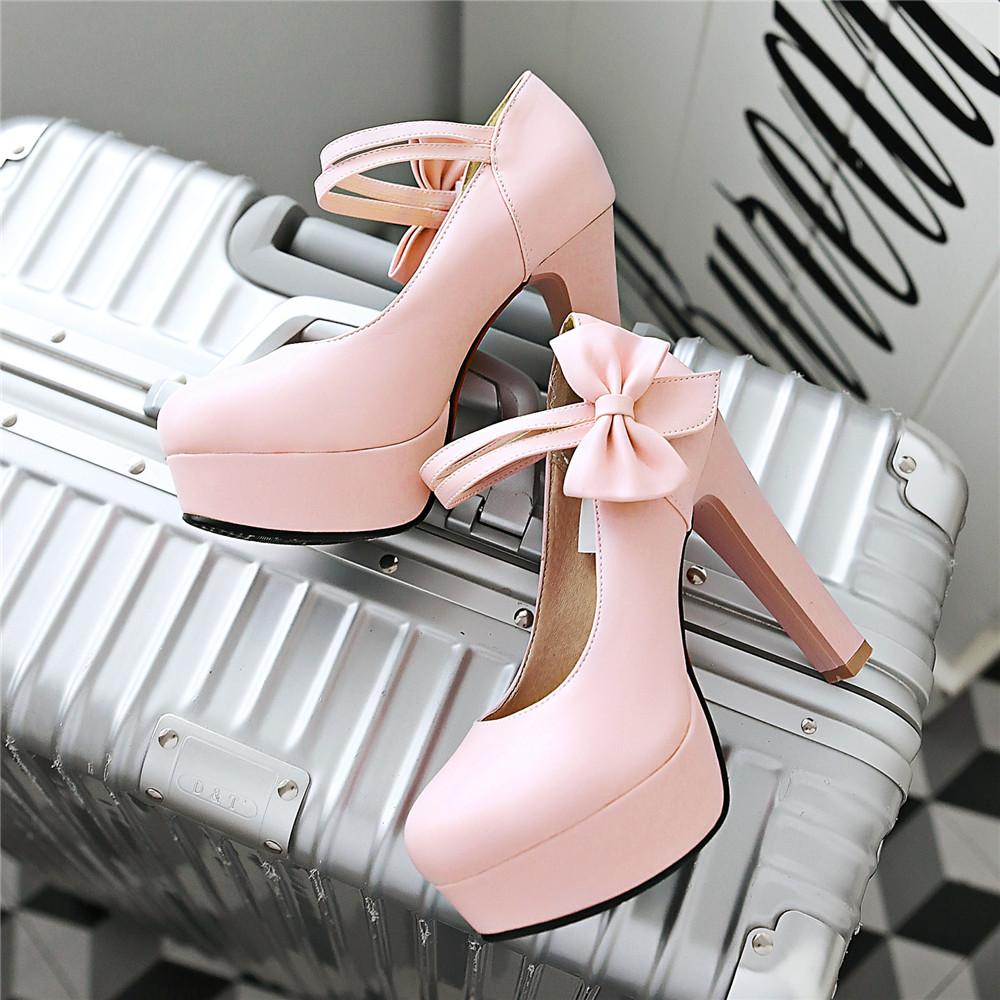 Fashion Spring High Heels Women Platform Pumps Ankle Strap Shallow Mouth Single Shoes Bow Ladies High Heels White Wedding Women Shoes