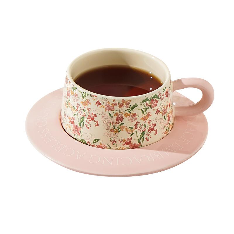 Coffee Cup Saucer Set Flower Afternoon Tea Ceramic High Value Mug Souvenir Ins Wind Oil Painting Retro Women