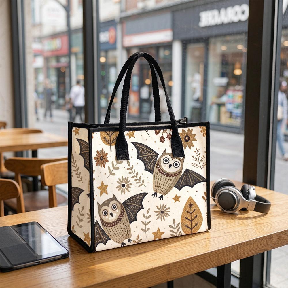 Cute Owl Print Canvas Tote Bag for Daily Shopping Casual Shoulder Handbag