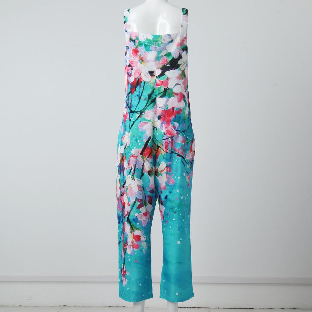 Women's Fashion Summer Sweet Loose Casual Print Retro Strappy Jumpsuit