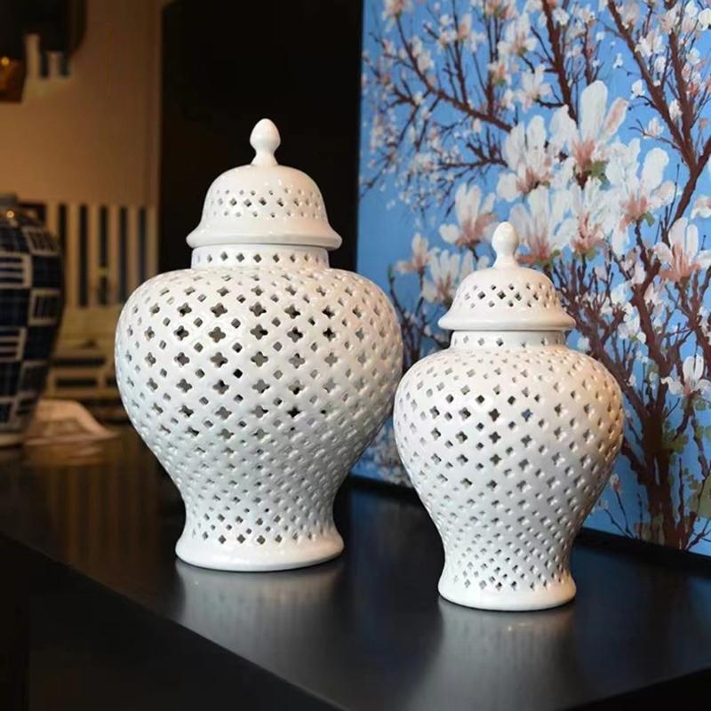 Ceramics Gingers Jar with Lid Decorative Flower Vases Cutout Lattice Crafts for Home or Kitchen Countertops Decoration