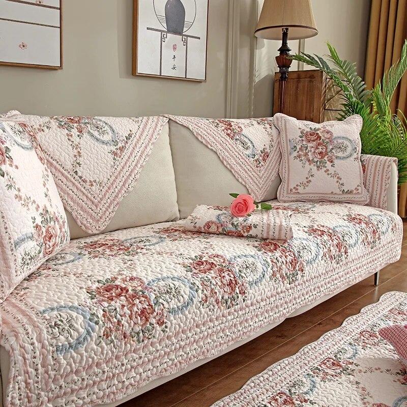 Tapete de sofá jacquard pastoral com bordas dobradas, confortável, antiderrapante, à prova de poeira, toalha de sofá, almofada de decoração versátil para sala de estar