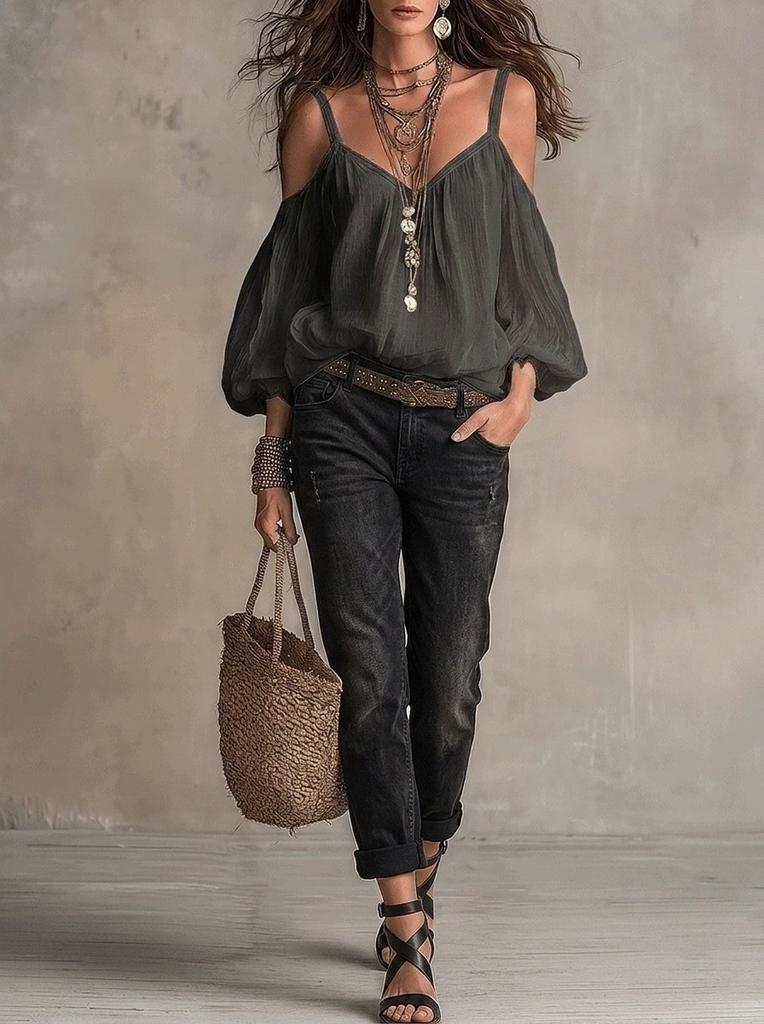 Autumn and winter new European and American women's clothing solid color suspender casual bubble sleeves holiday style top women