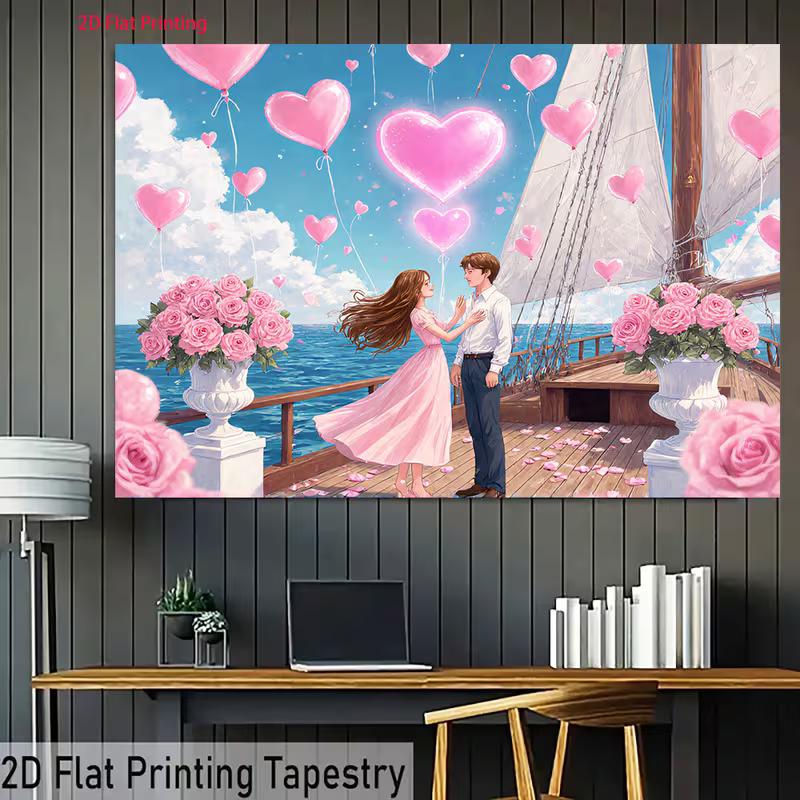 Dreamy Valentine Sailboat Tapestry, Anime Couple on Deck with Pink Heart Balloons and Ocean View, Sweet Romantic Wall Art