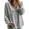 Womens V-Neck Velvet Loose Long Sleeve Top - Soft Casual Shirt In Solid Colors 2026