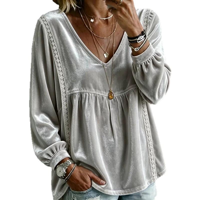 Womens V-Neck Velvet Loose Long Sleeve Top - Soft Casual Shirt In Solid Colors 2026