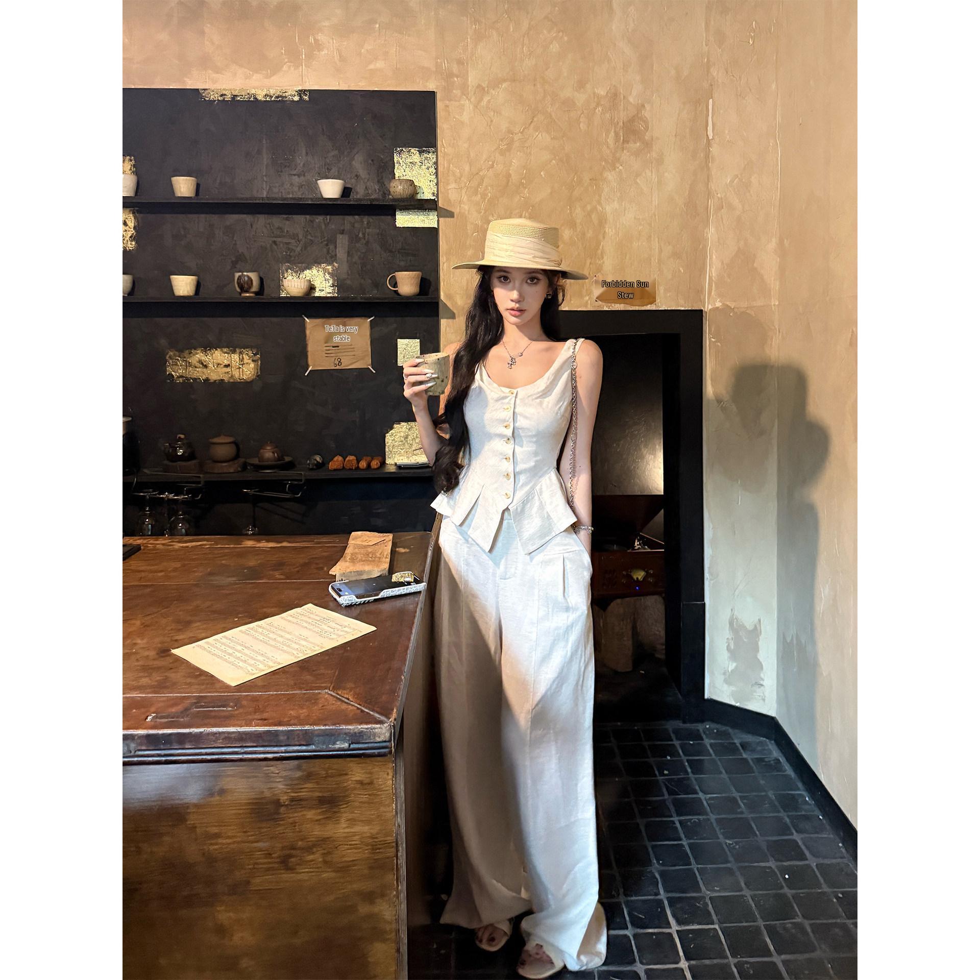 Old Money Style Linen Suit: Summer Relaxed Two-Piece Vest & Trousers Set M