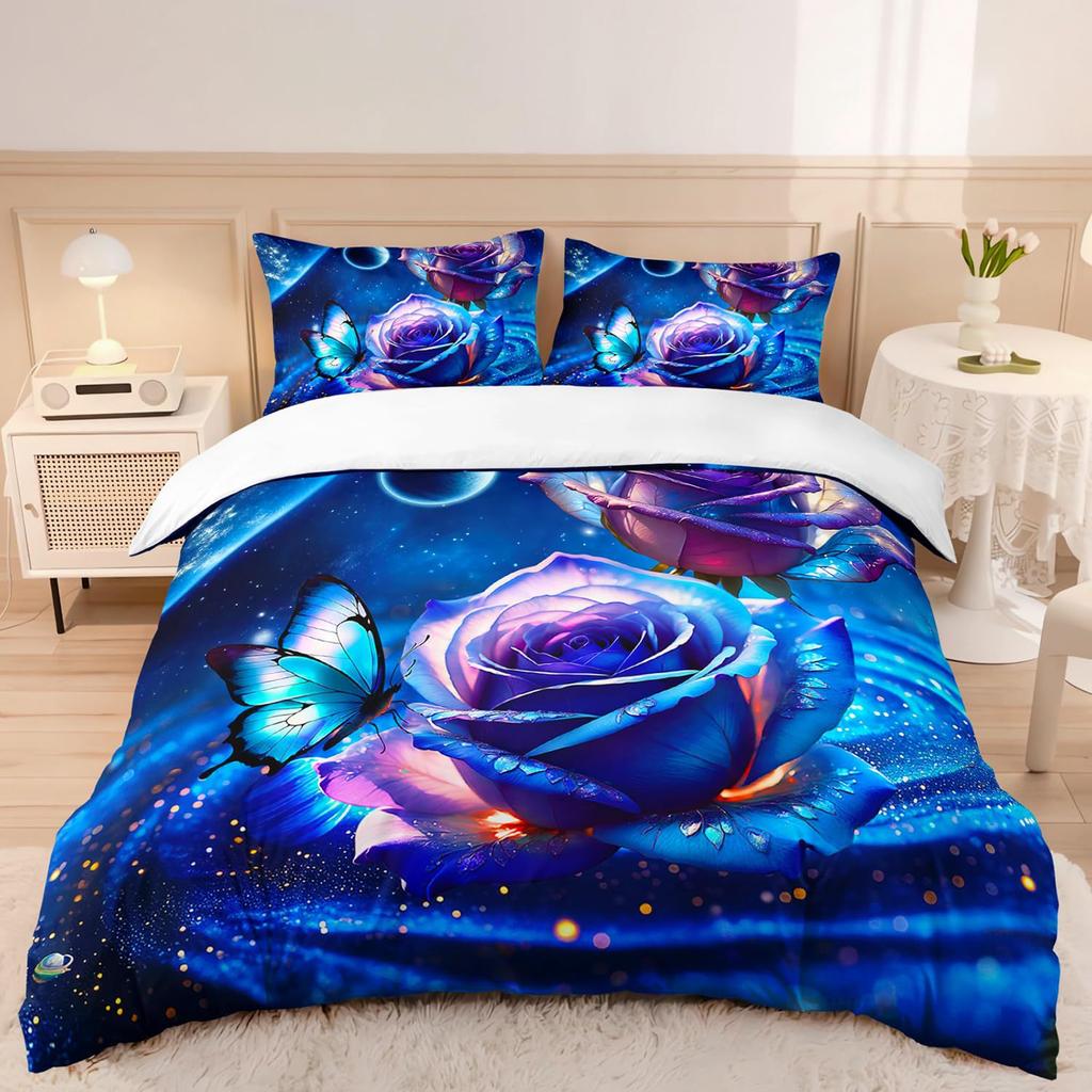 Blue Rose Digital Printed Duvet Set Three-Piece Valentine'S Day Gift Suitable For Bedroom Decoration Bedding