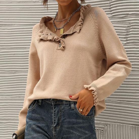 Podzim Zima Ženy Pletení Svetr Dlouhý rukáv Knoflík dolů Volán Trim Pletené topy Jednobarevné Neformální pleteniny