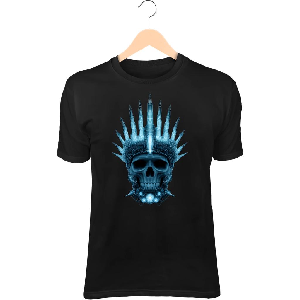 Cyber Schädelkönig II T-Shirt – Neon-Schaltkreis-Krone, Leuchtendes mechanisches Kiefer