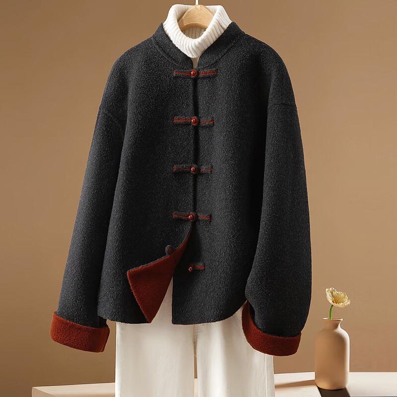 Sibaishe Damen Neuer Chinesischer Stil Merino Wolle Color-Block Mantel