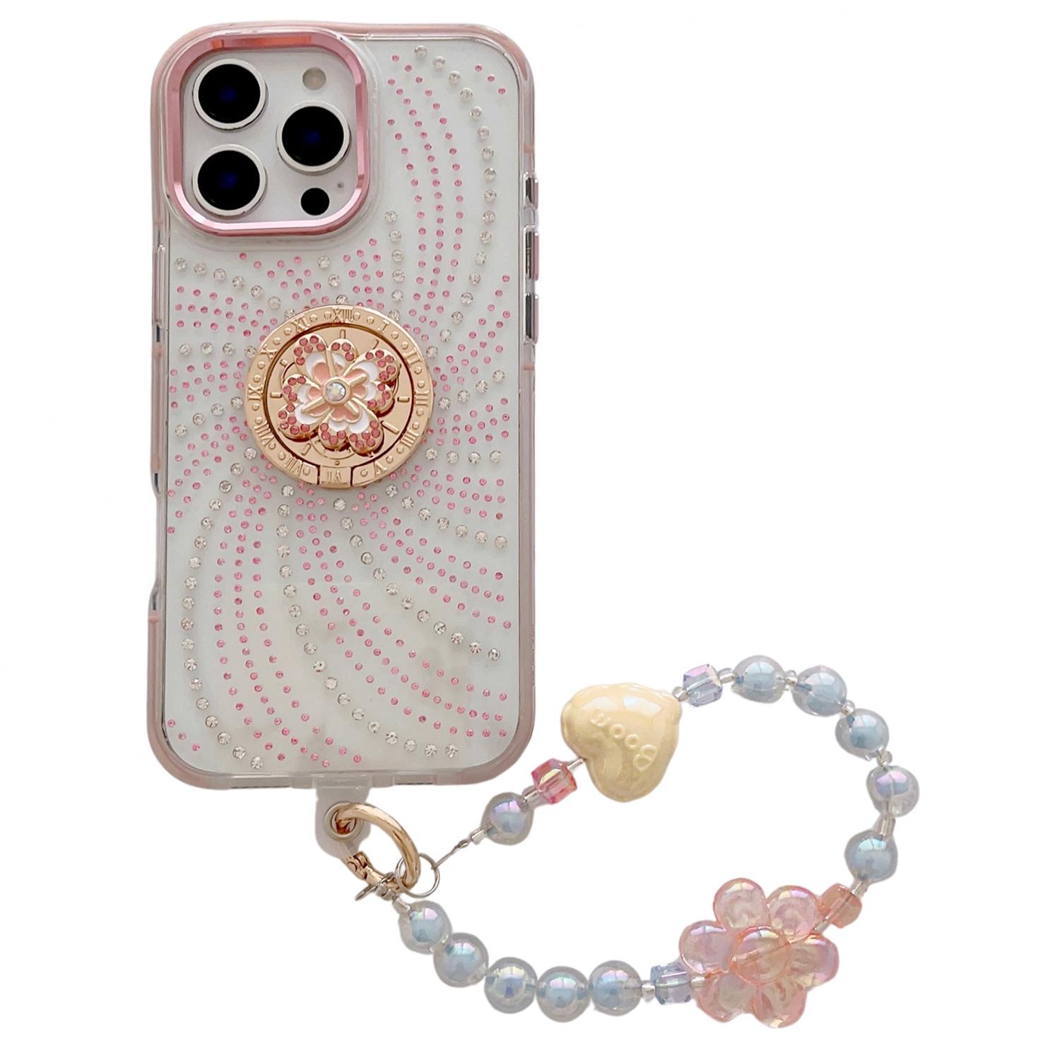 

Чохол для iPhone 16 Pro Max з петлями для шнурка, ремінцем на зап ястя, підставкою, задньою кришкою для телефону з ТПУ+ПК Pink