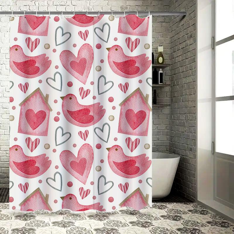 Watercolor Pink Birds Hearts Shower Curtain Bathroom Decor for Women Modern Style Print Home Decoration 69x72in / 175cm x 183cm