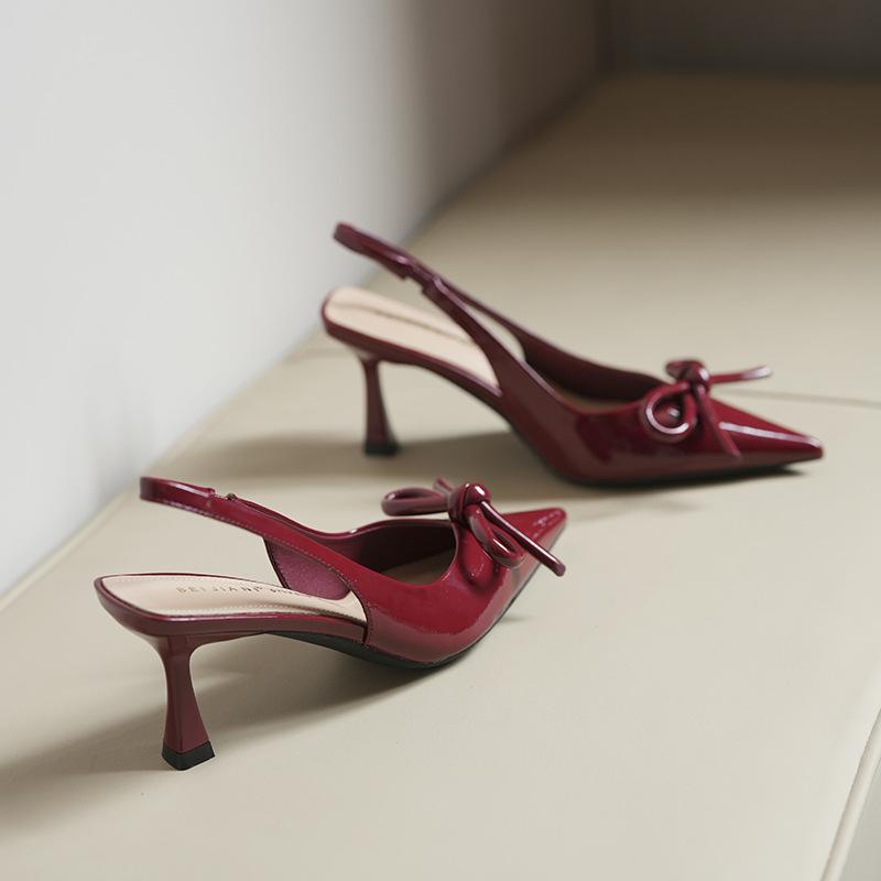 

Bow patent leather pointed head thin heel high heel single shoes women s word with temperament bag head sandals spring and summer 39 бордовий