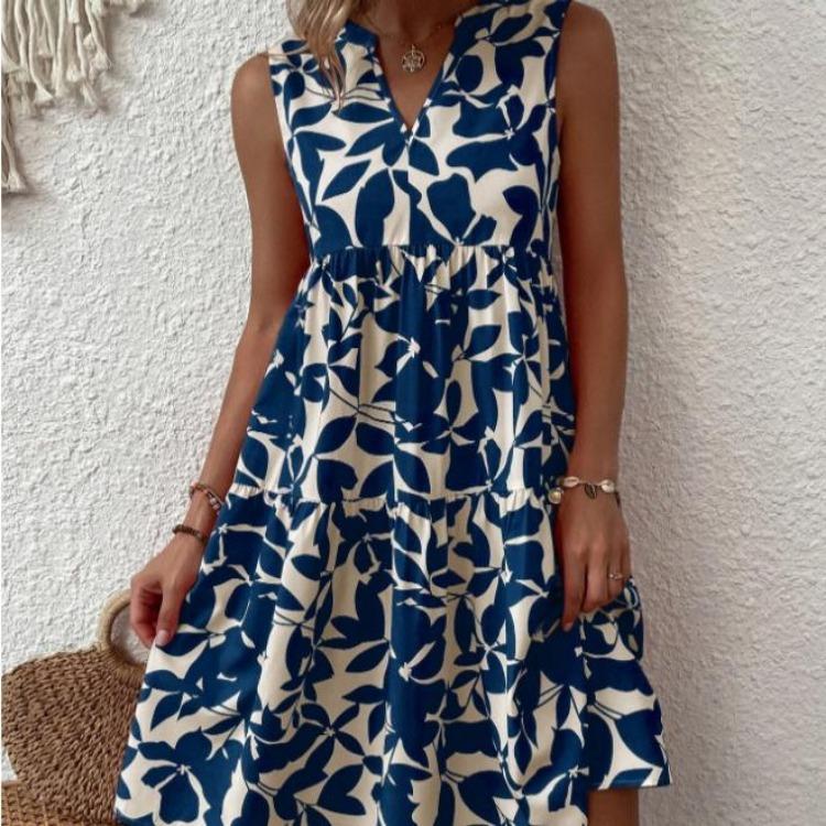 

Women s Fashion Bohemian Printed Pleated Loose V-Neck Dress XXXXXL темно-синий