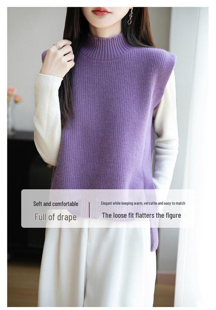 Women's 100% Pure Wool Sleeveless Knit Vest Shawl - Warm Autumn/Winter Layering Pullover with Half-High Collar