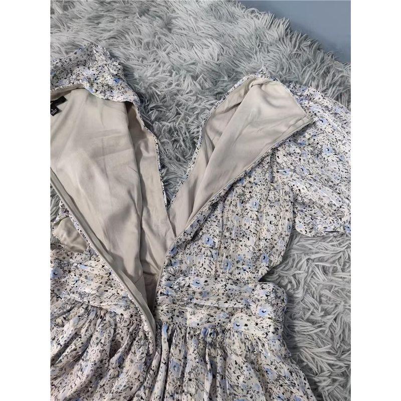 Foreign Trade Order Lu's Puff Sleeves Waist-Exposed Design Golden Thread Shiny Floral Lady Bright Silk Niche Girly Style Dress
