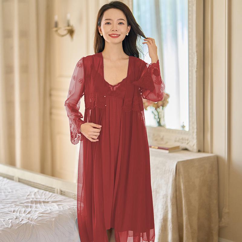 Women's Retro Princess Lace Camisole Dress with Built-in Bra - Spring/Summer Nylon Mesh Pajamas